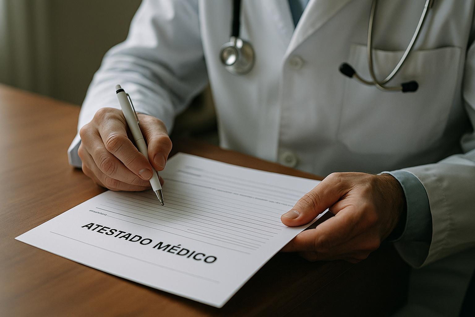 Médico preenchendo um atestado médico impresso sobre a mesa, representando a continuidade da validade dos documentos físicos em 2026 conforme esclarecido pelo CFM.
