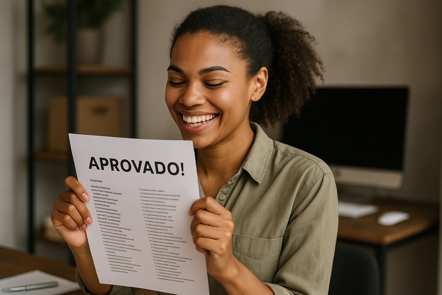 Candidata sorrindo ao receber aprovação em concurso para área de telecomunicações, simbolizando sucesso e novas oportunidades profissionais.