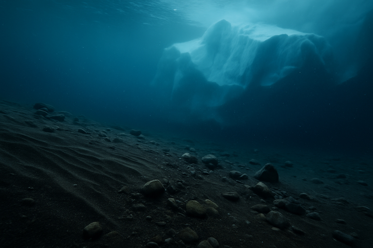 Formação glacial submersa no Oceano Antártico vista em alta definição, mostrando sedimentos e a profundidade onde o carbono ficou preso por milênios.