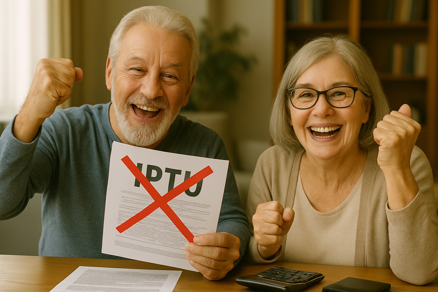 Idosos comemoram isenção do IPTU ao segurar documento com imposto cancelado por um X vermelho