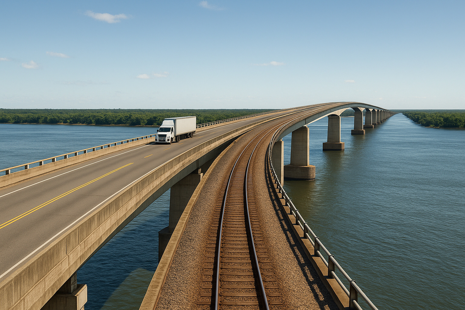 Ponte rodoferroviária do rio Paraná ligando São Paulo ao Mato Grosso do Sul, com rodovia e ferrovia sobre extensa travessia fluvial.