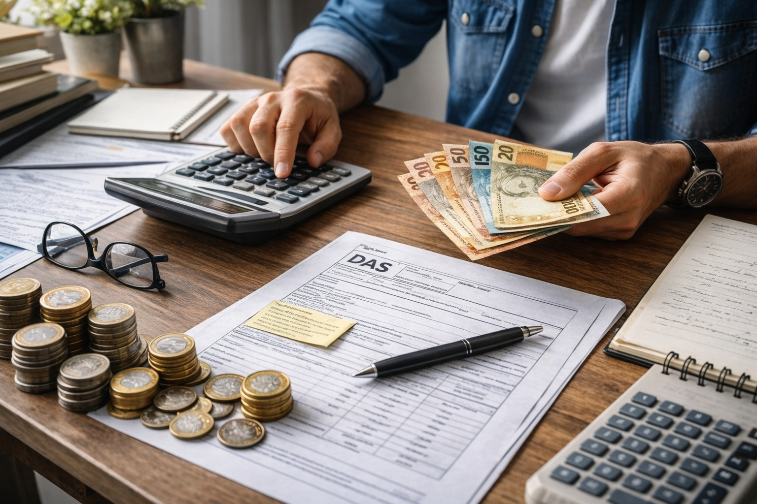Microempreendedor individual calcula a contribuição mensal do MEI com cédulas de real, formulário do DAS e calculadora sobre a mesa.