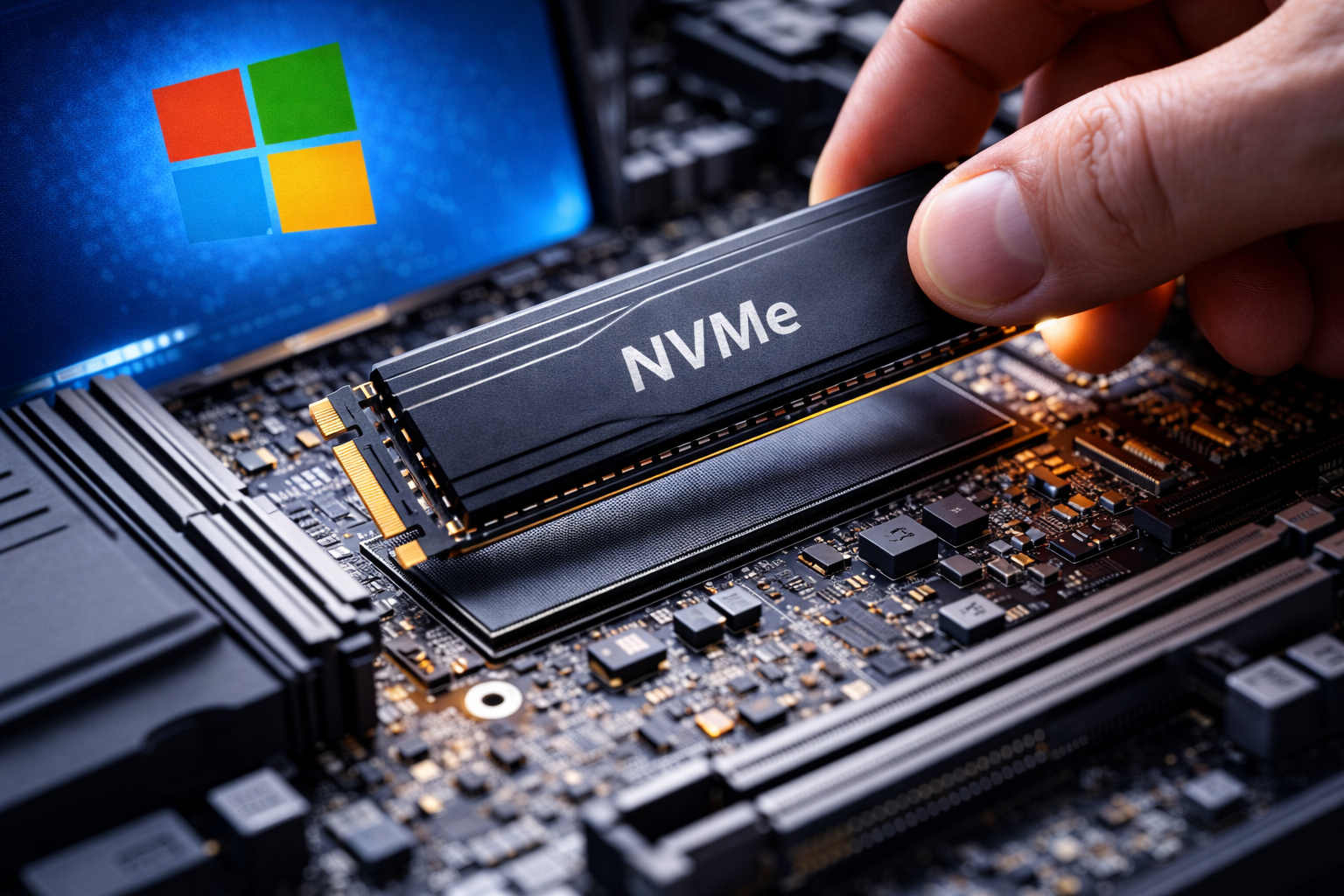 SSD NVMe sendo instalado em placa-mãe com interface do Windows ao fundo, representando suporte nativo e melhoria de desempenho do sistema.