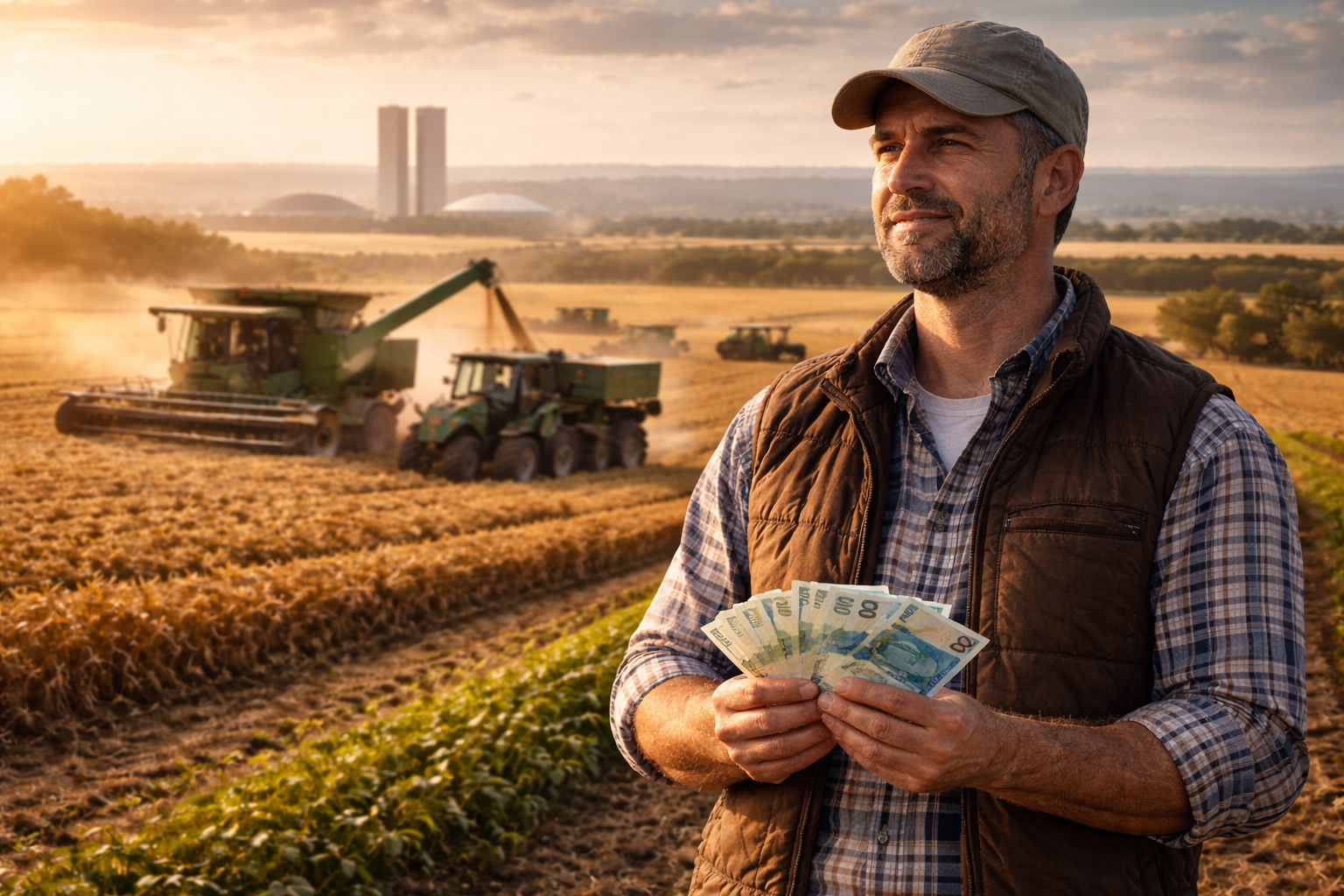 Produtor rural em lavoura brasileira com máquinas agrícolas ao fundo, representando o debate sobre isenção do Imposto de Renda no agro.