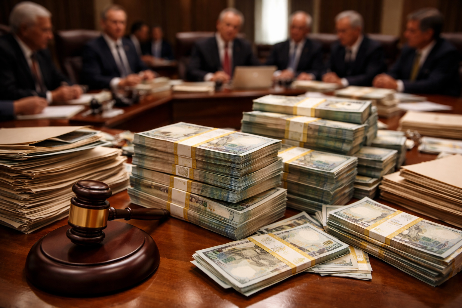 Pilha de cédulas de real sobre mesa institucional ao lado de martelo judicial, representando supersalários e gastos públicos acima do teto constitucional.