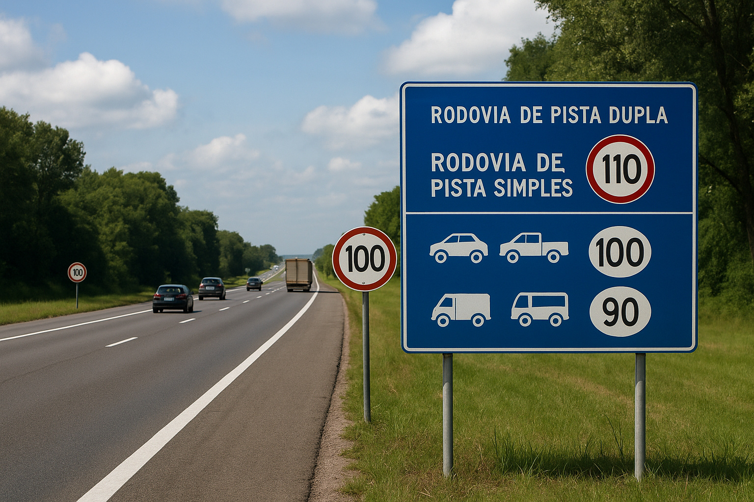 Placa de limite de velocidade em rodovia brasileira mostrando valores para pista simples e pista dupla, com carros circulando em uma estrada arborizada.