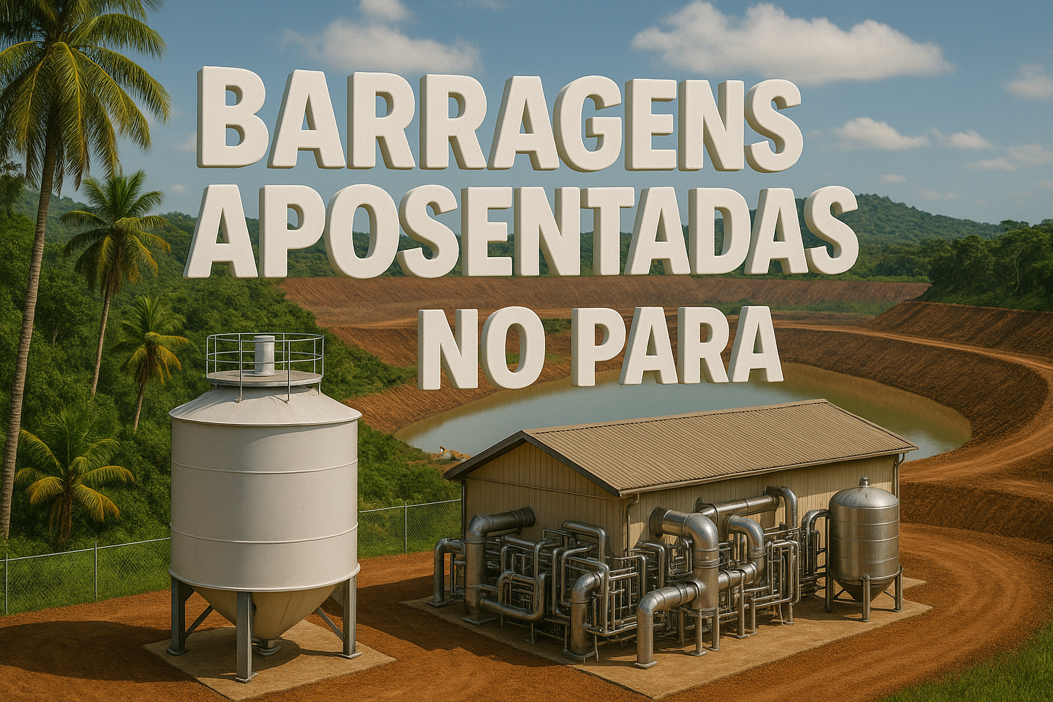Instalação de tecnologia de baixo carbono ao lado de barragens de mineração aposentadas no Pará, com vegetação amazônica e estrutura industrial moderna.