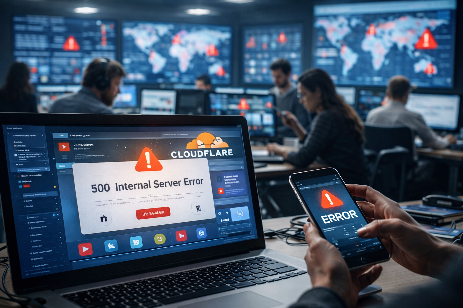 Central de monitoramento mostra erro 500 durante instabilidade da Cloudflare que afetou sites e aplicativos conectados à sua infraestrutura.