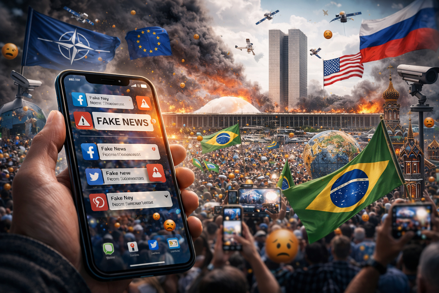 Cena ilustrativa mostra o Congresso Nacional do Brasil cercado por fumaça, redes sociais exibindo fake news e símbolos geopolíticos globais ao fundo.