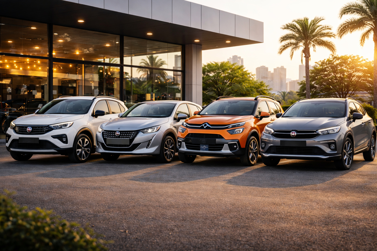 Carros usados da Stellantis com motor 1.0 turbo: Fiat Pulse, Peugeot 208, Citroën C3 e Fiat Fastback alinhados em concessionária