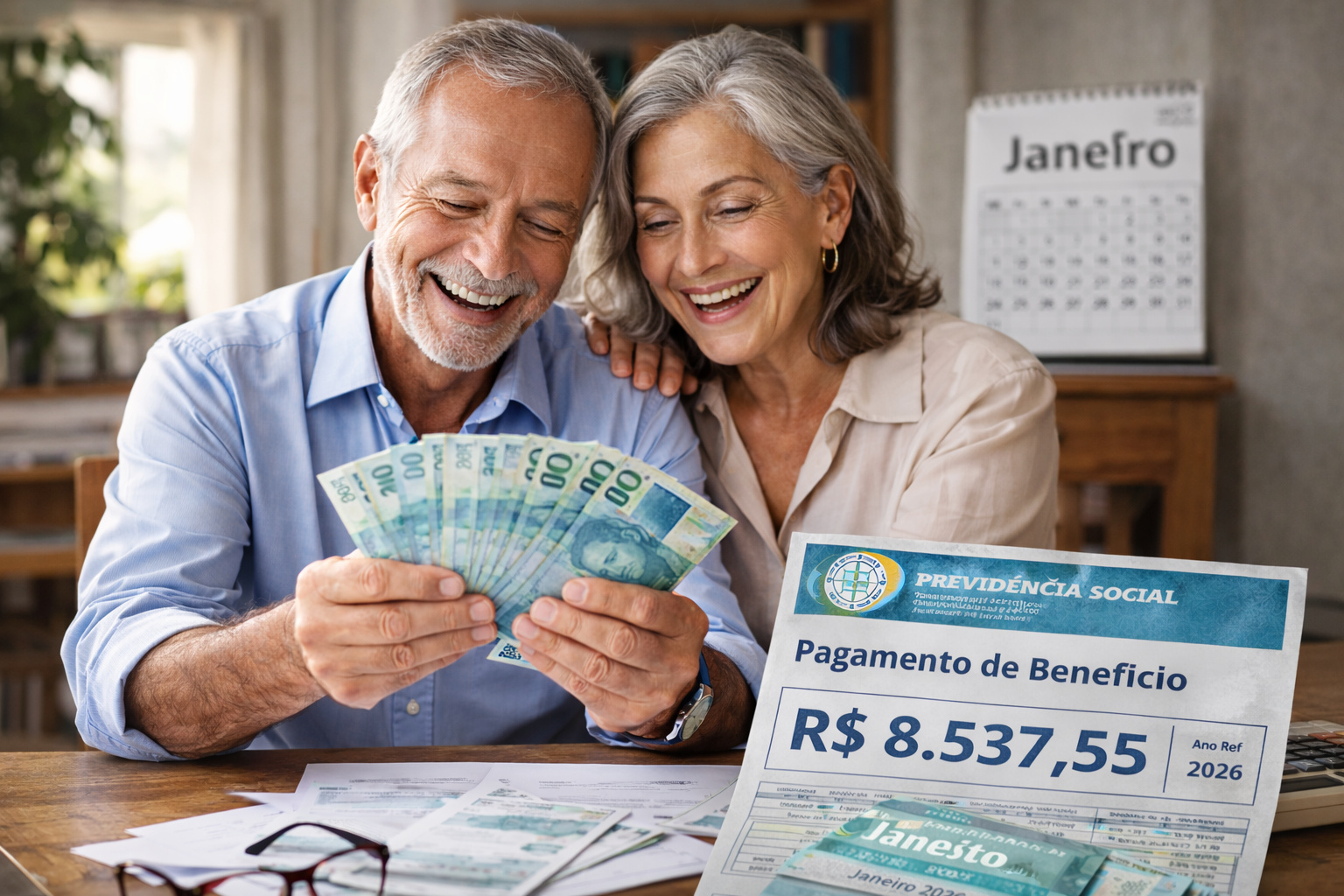 Casal de aposentados analisa pagamento do INSS com valor reajustado do teto previdenciário em 2026 sobre a mesa