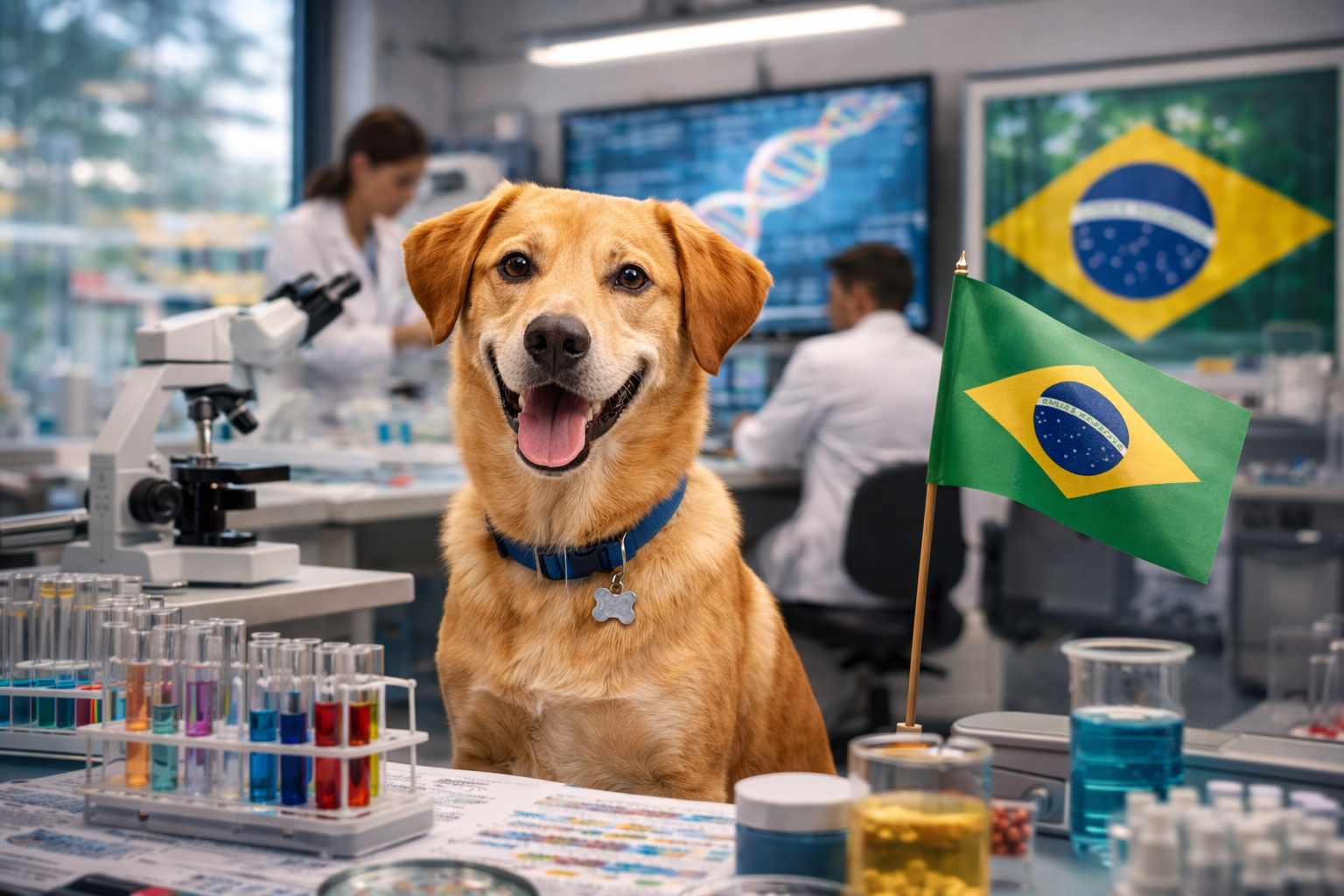 Vira-lata caramelo brasileiro em laboratório de genética, com bandeira do Brasil, durante pesquisa científica sobre DNA canino