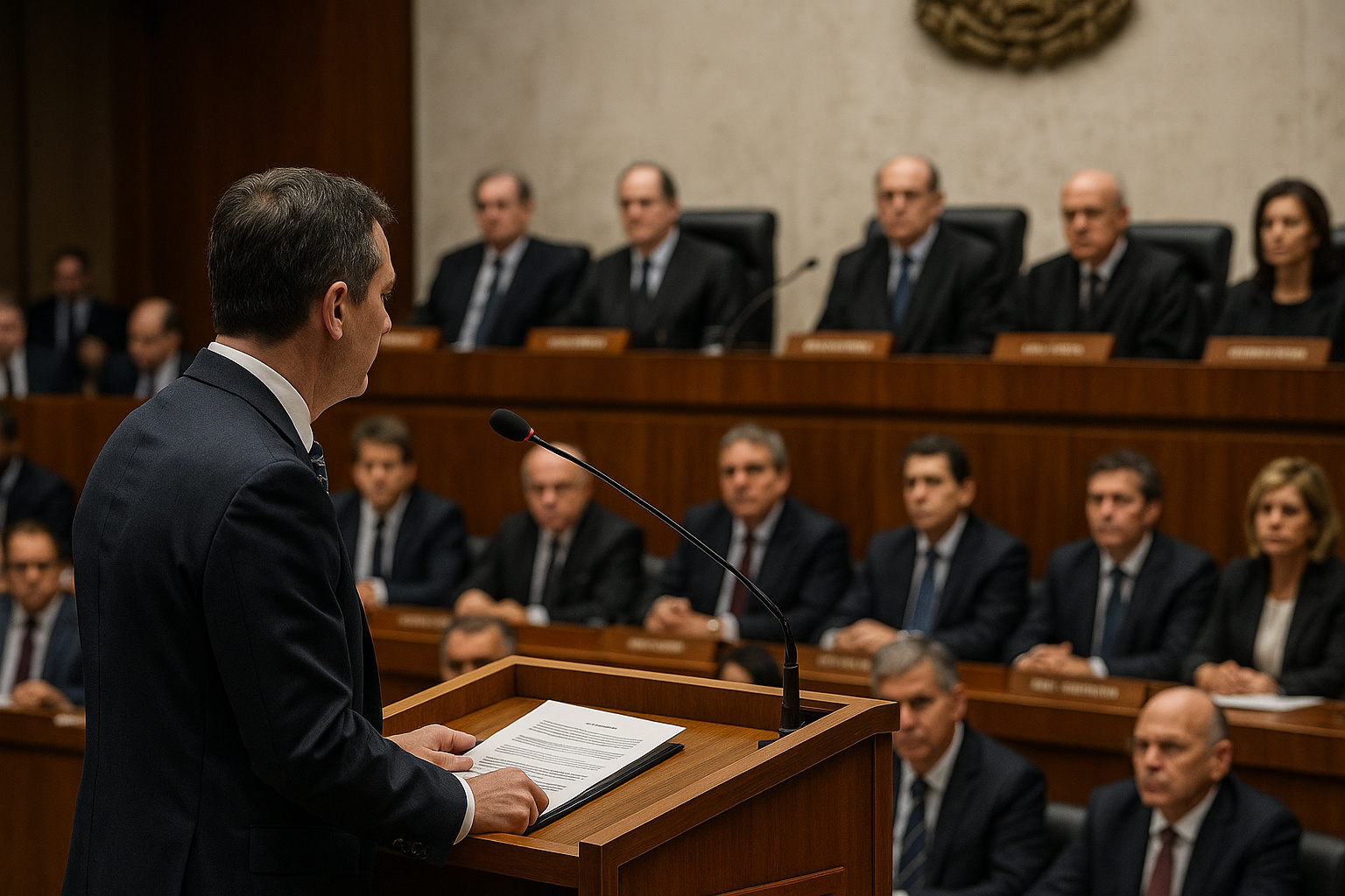 Homem discursando em ambiente institucional diante de ministros alinhados em plenário, representando discussão sobre mudanças nas regras e limitações às decisões isoladas do STF.