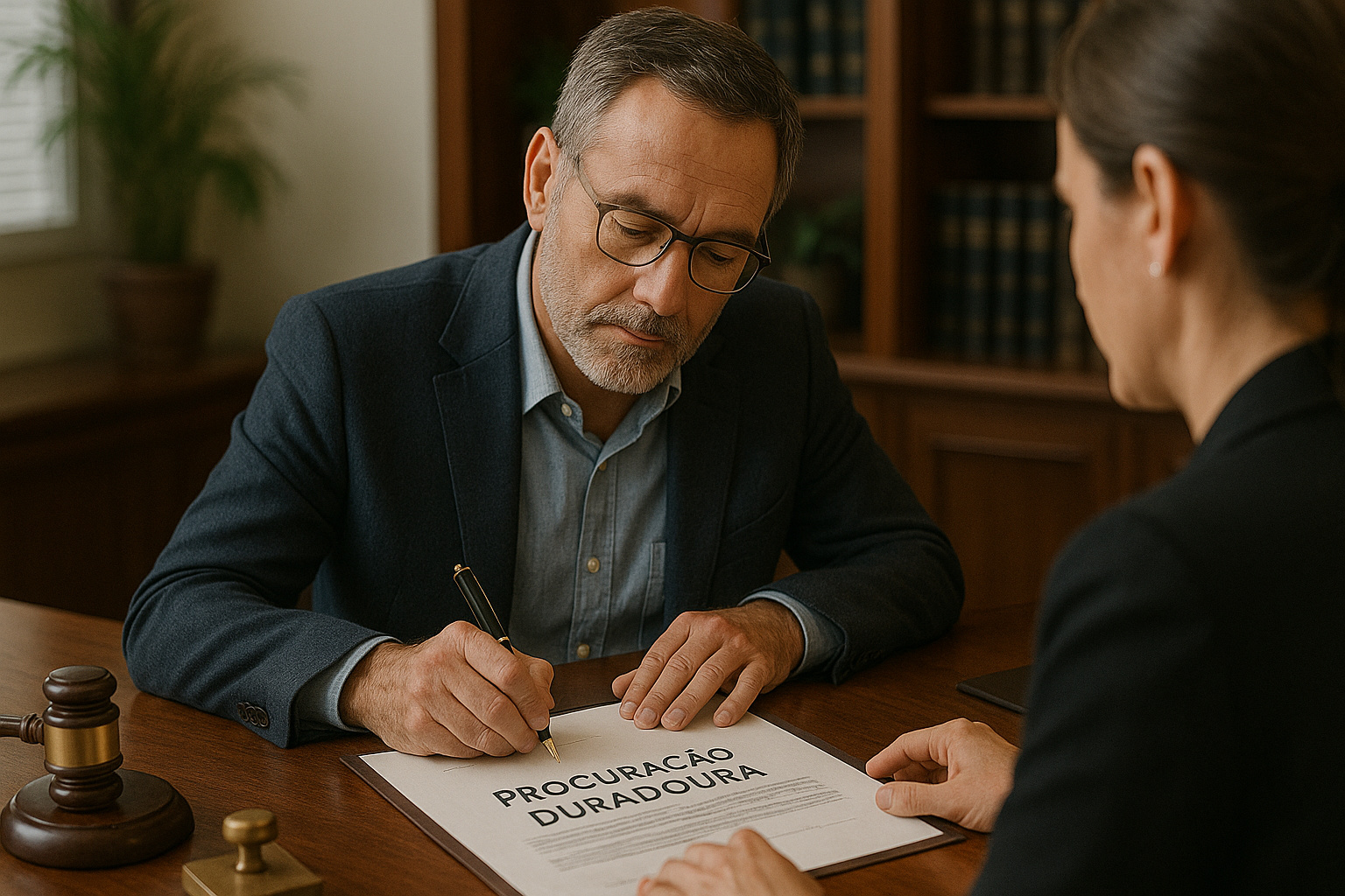 Homem assinando documento de “Procuração Duradoura” em cartório, ao lado de uma tabeliã, representando o processo de autocuratela.