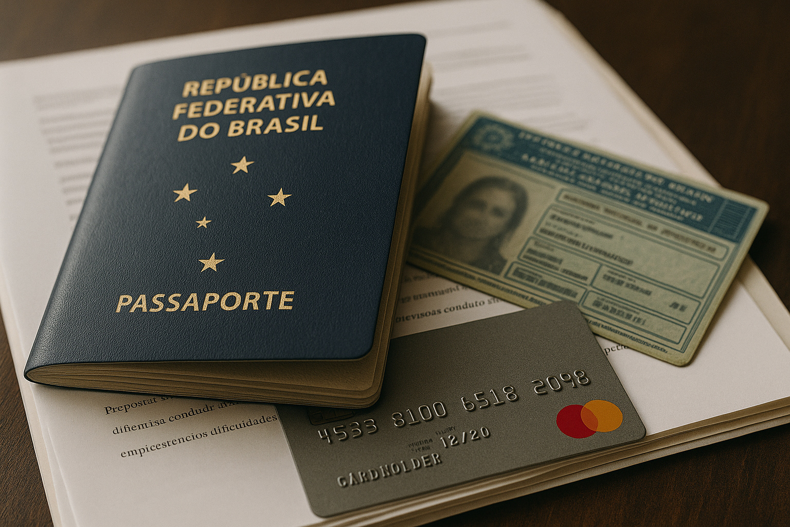 Passaporte brasileiro, CNH e cartão de crédito sobre documentos jurídicos, ilustrando medidas atípicas de execução definidas pelo STJ.