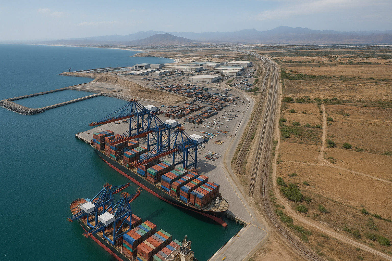 Vista aérea ultra realista do porto de Chancay com navios cargueiros, contêineres e linha ferroviária, ilustrando o corredor logístico apontado como novo canal do Panamá.