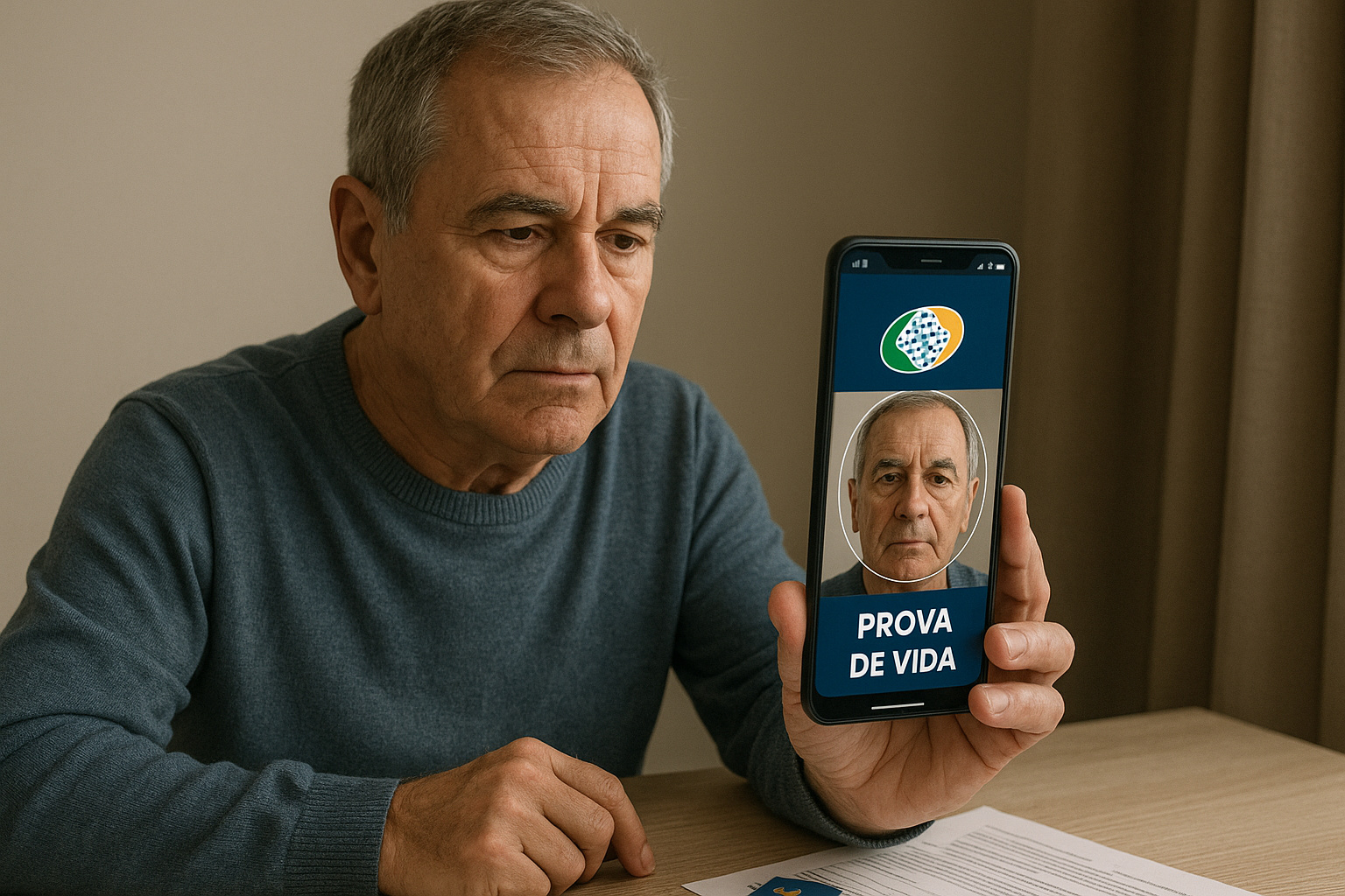 Homem aposentado realiza prova de vida do INSS pelo celular usando o aplicativo oficial com validação facial.