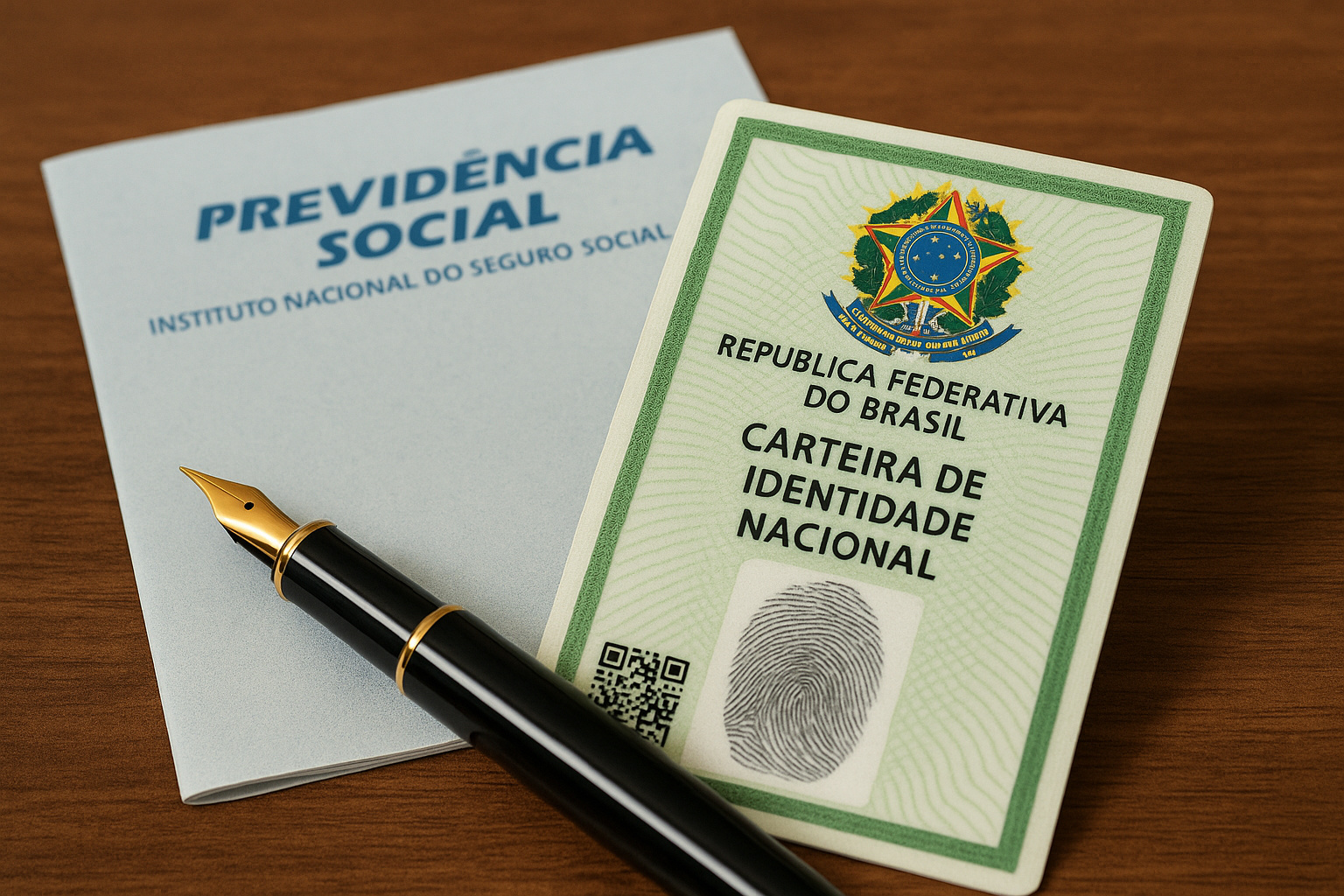 Carteira de Identidade Nacional ao lado de documento do INSS, representando a exigência de biometria para manter e solicitar benefícios.