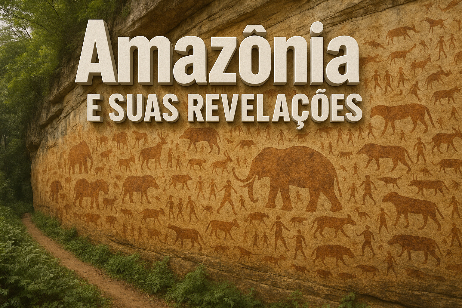 Mural pré-histórico amazônico com pinturas rupestres e a frase “Amazônia e suas revelações” em estilo 3D sobre parede de rocha.