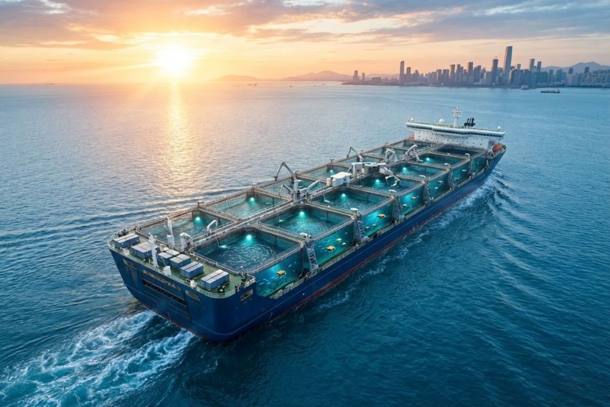 fazenda de peixes gigante em navio inteligente de aquicultura inteligente entrega peixe fresco aos mercados chineses com automação e logística em alto-mar.