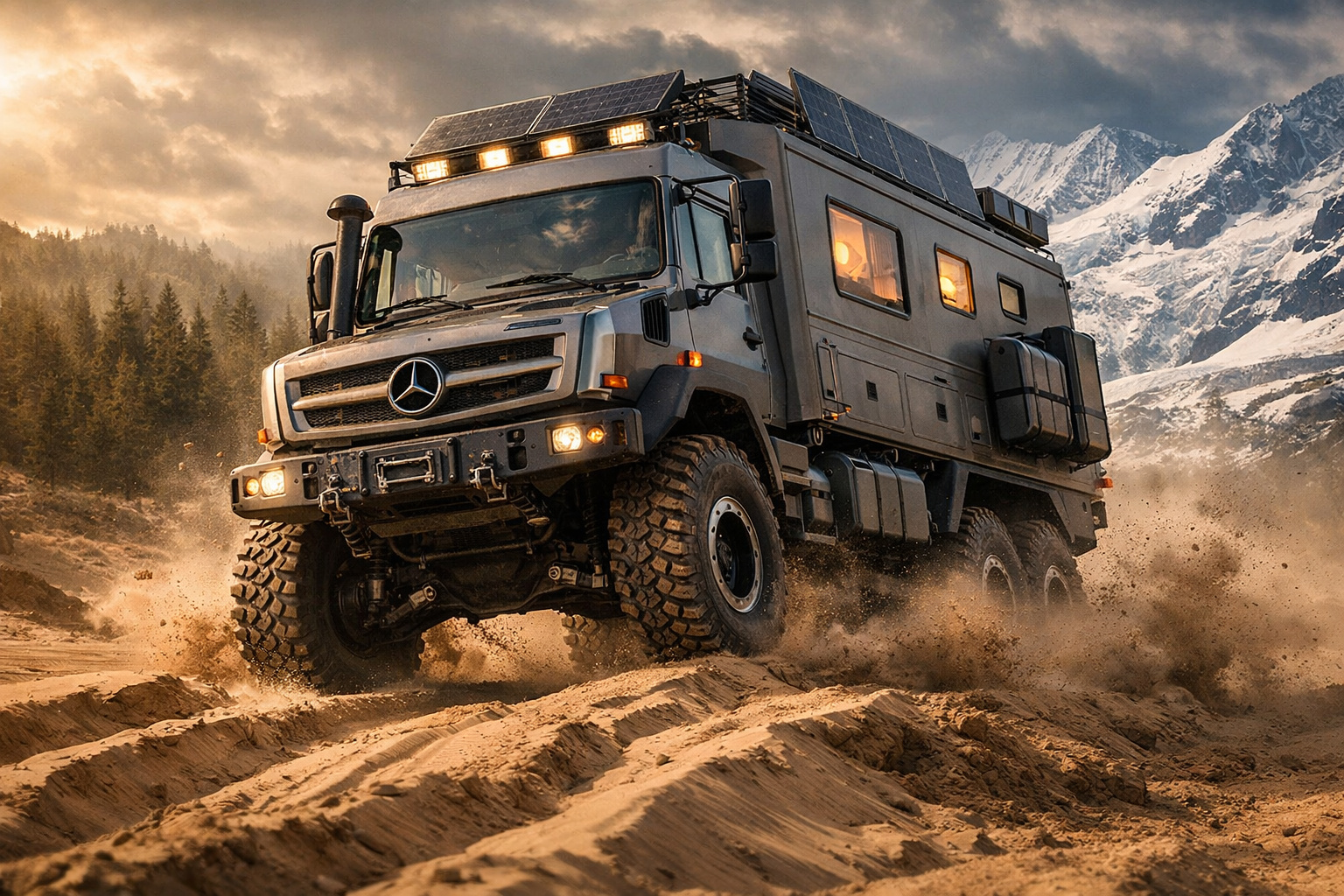 Com 231 cv e 900 Nm, eixos portais, vão livre de até 500 mm e travessia de água de 1,2 m, o Unimog U4023/U5023 vira casa extrema com autonomia para cruzar desertos, gelo e florestas sem depender de estrada