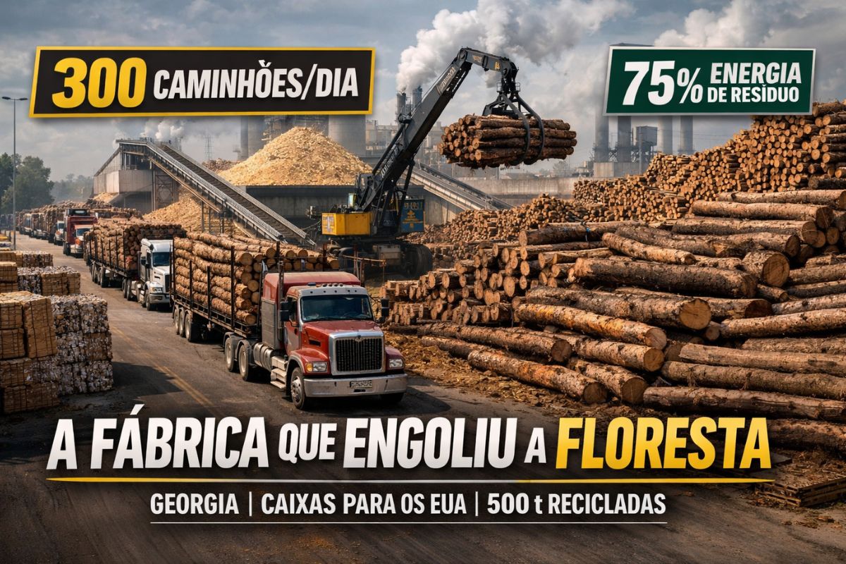 A maior empresa de papel e papelão do mundo transforma florestas de pinheiros em caixas de papelão, usa energia de resíduos e reciclagem de papelão.