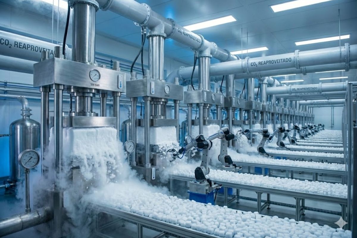 gelo seco transforma dióxido de carbono em neve carbônica, blocos e pellets de gelo seco usados no transporte de vacinas e na refrigeração de cargas sensíveis.