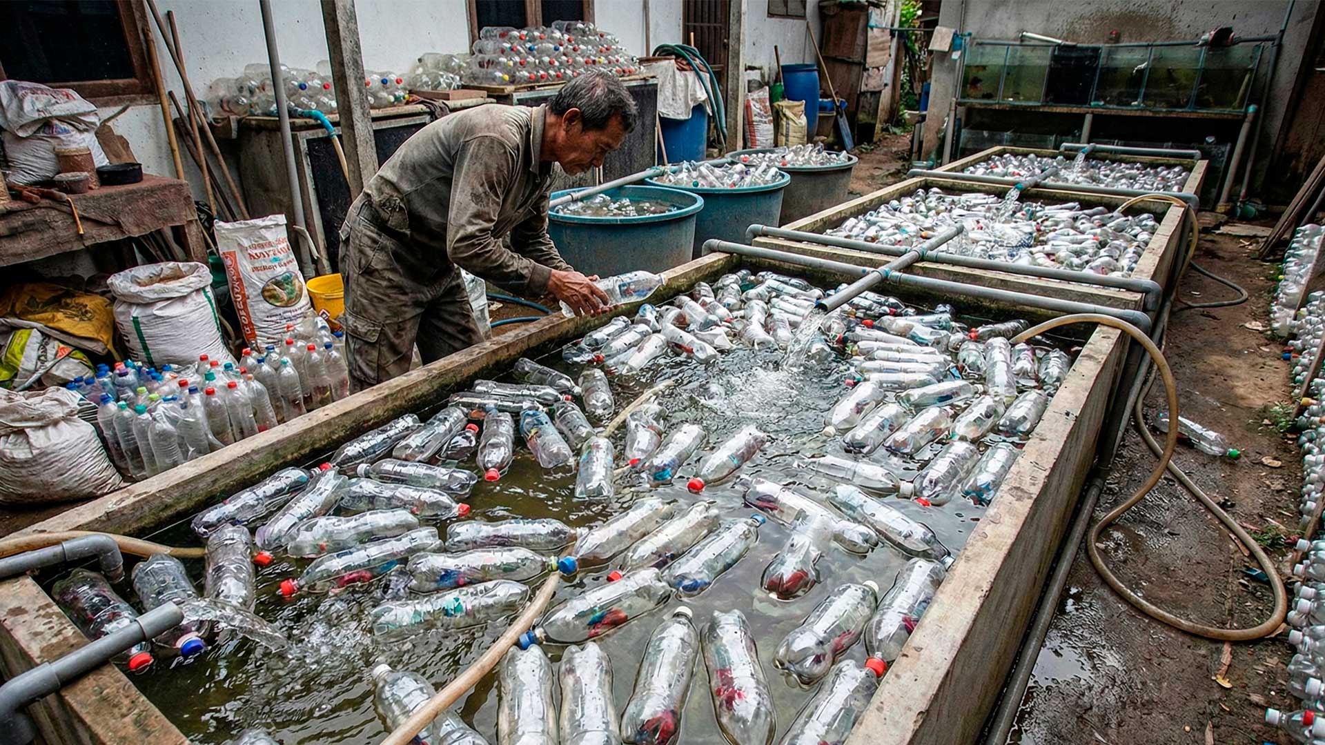 Com centenas de garrafas PET retiradas do lixão, homem faz criação de peixes betta no quintal de casa e mostra que pode gerar renda extra com baixo custo
