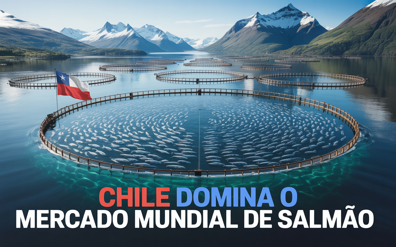 Com mais de 700 mil toneladas por ano, o Chile domina a produção global de salmão cultivado e opera megafazendas em fiordes gelados que abastecem mais de 30% do mercado mundial