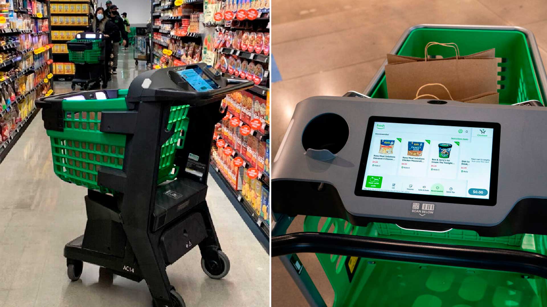 Com sensores e inteligência artificial, esse carrinho de compras da Amazon reconhece itens, soma a compra e libera o pagamento automaticamente