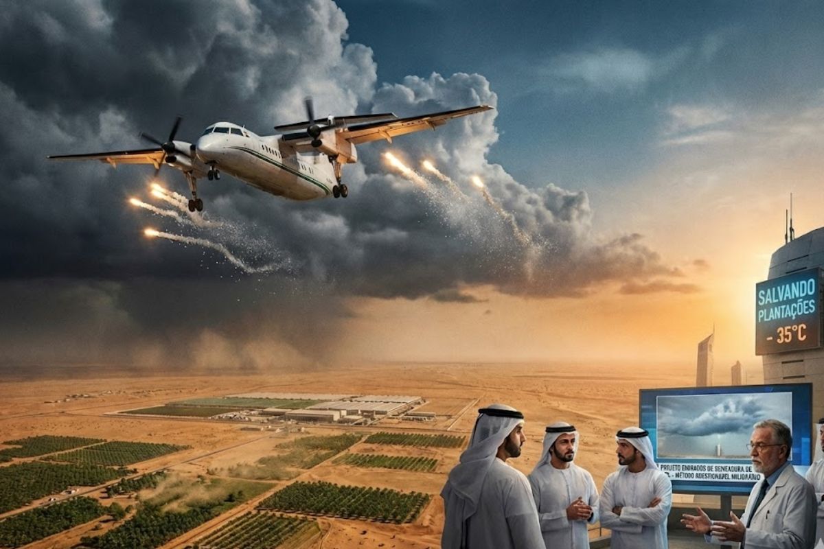 Emirados Árabes Unidos usam semeadura de nuvens e aviões com sal para gerar chuva artificial, chover no deserto e testar limites da água em região árida.