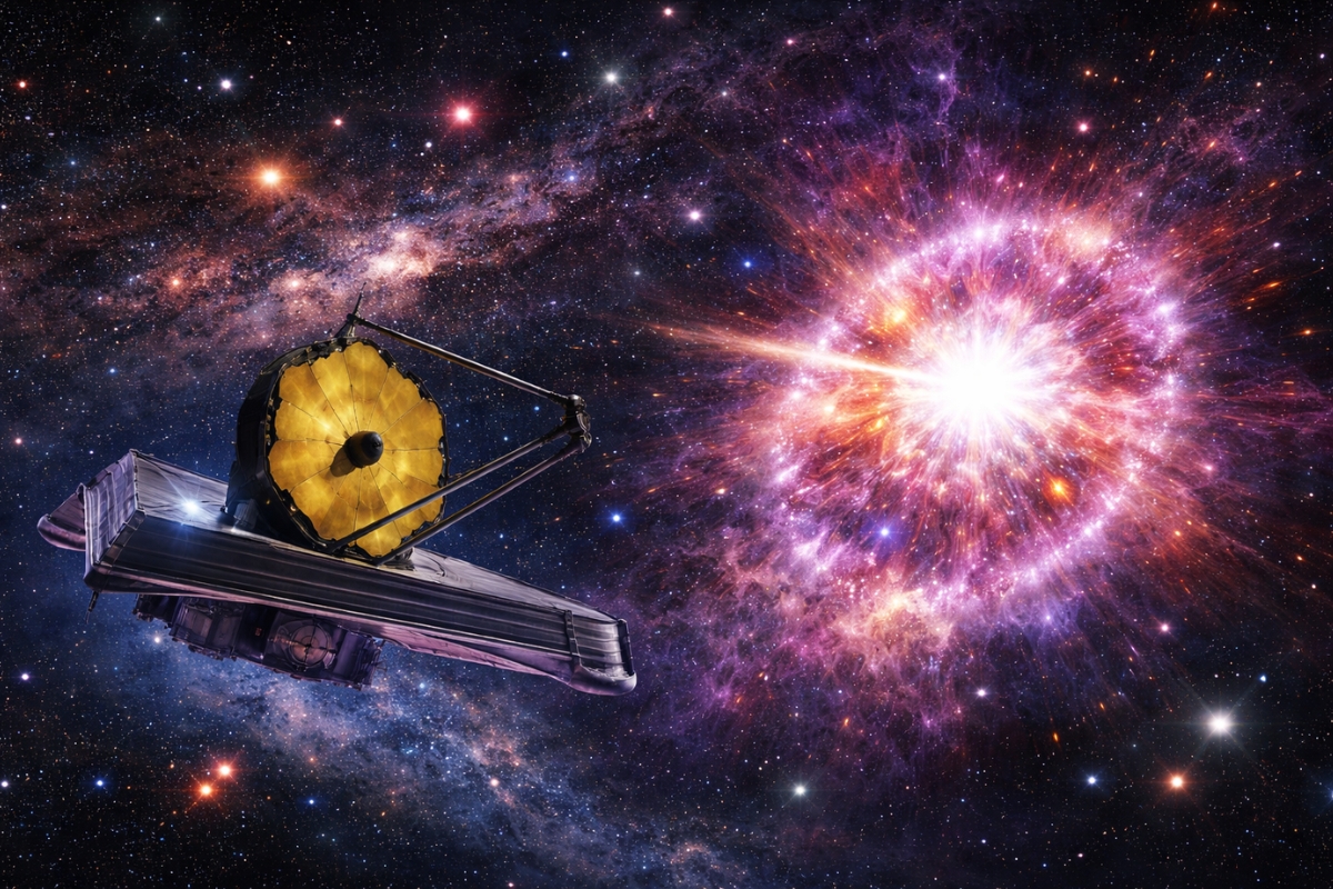 Telescópio Espacial James Webb identificou uma fonte de luz no universo primordial compatível com uma supernova muito distante