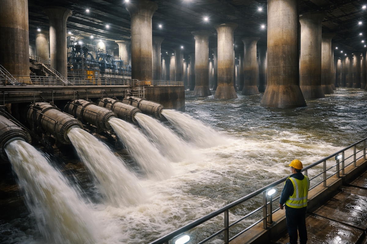 A cidade onde a chuva forte aciona um sistema gigante que engole água no subsolo, usa poços profundos e depende de bombas de alta potência para não voltar à superfície