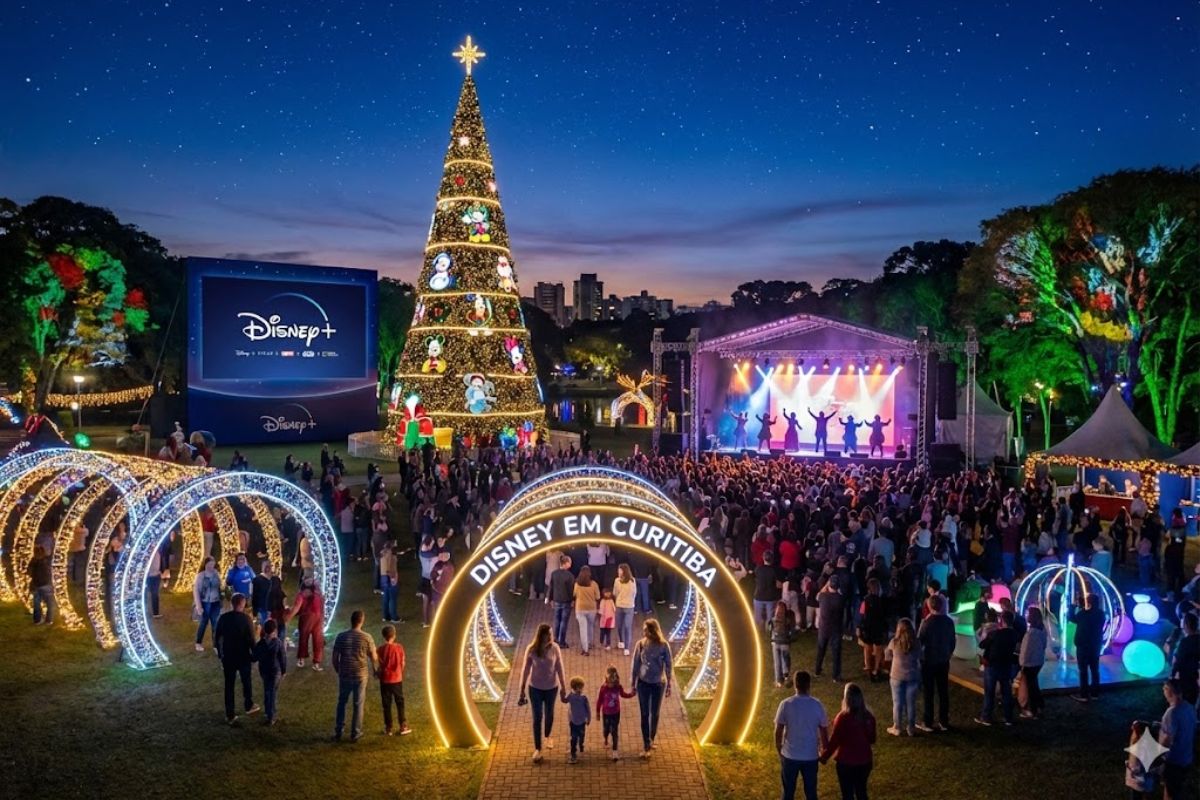 Disney estreia em Curitiba com o Natal Inesquecível no Parque Barigui: show da Disney, parque gratuito e cinema ao ar livre encantam famílias. (imagem ilustrativa).