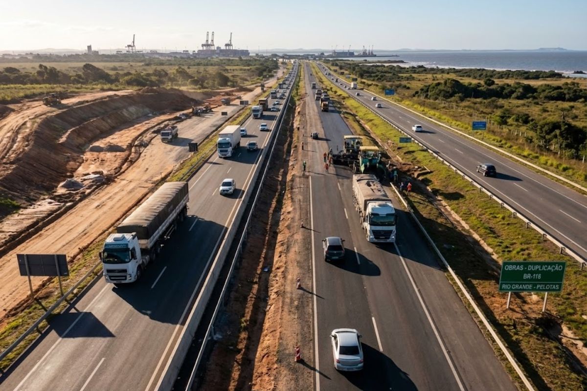 Avanço da duplicação da BR-116 RS no Novo PAC consolida corredor logístico e liga caminhões aos portos de Rio Grande e Pelotas com mais segurança.