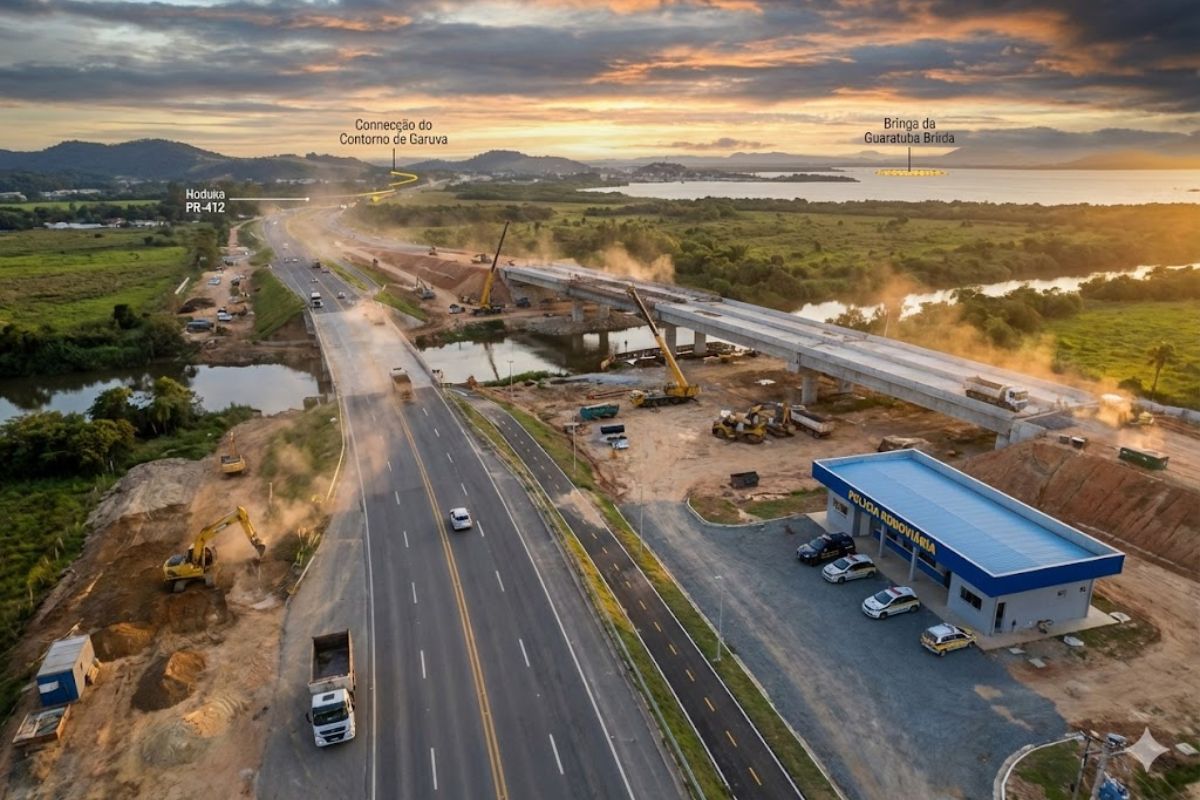 Duplicação da PR-412 integra Contorno de Garuva e duplicação da SC-417, fortalece corredor entre Paraná e Santa Catarina e prepara acesso à Ponte de Guaratuba.