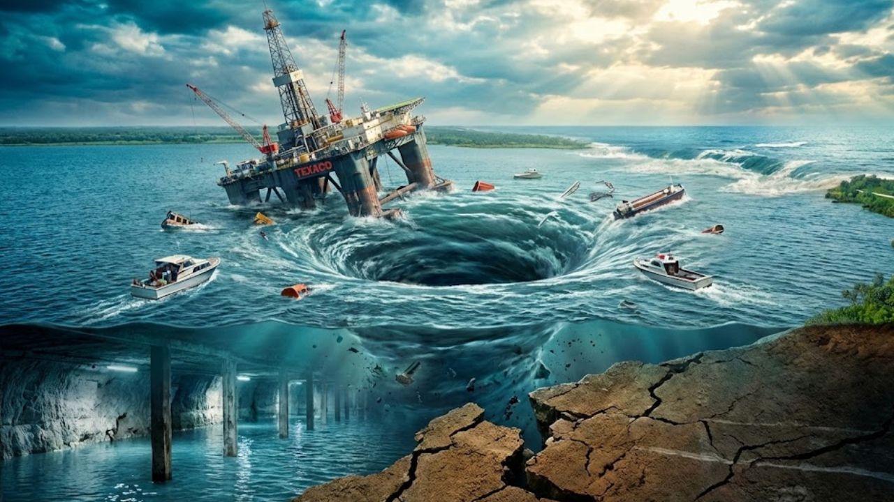 Em 1980, um furo da Texaco transformou o Lago Peigneur em um ralo gigante plataforma sumiu, mina de sal inundou, Golfo invadiu, lago virou profundo