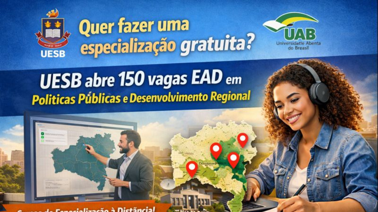 UESB lança especialização gratuita EAD em Políticas Públicas e Desenvolvimento Regional pela Universidade Aberta do Brasil.