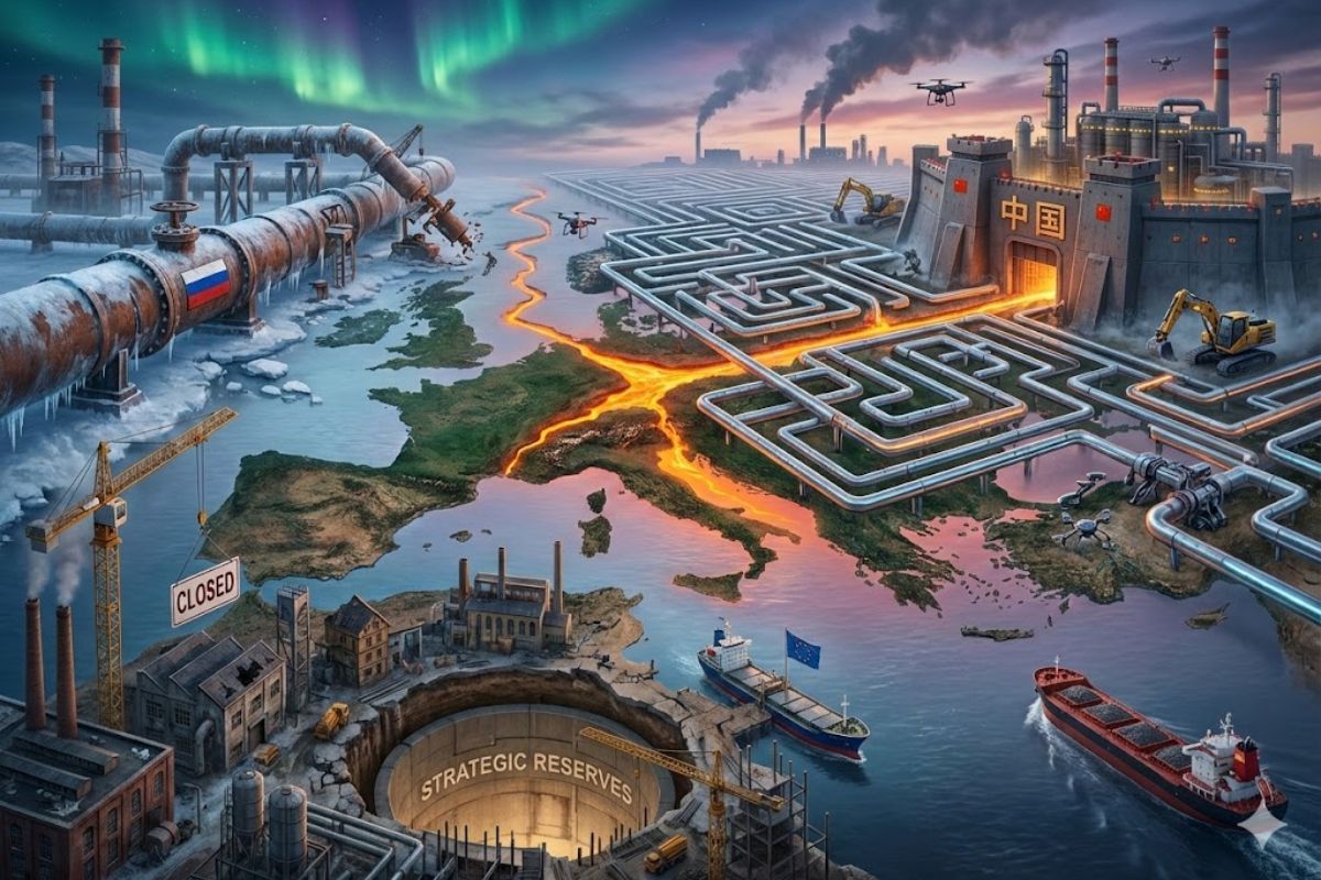 Europa enfrenta metais críticos, dependência da China e desindustrialização europeia enquanto busca autonomia estratégica para preservar a própria indústria.