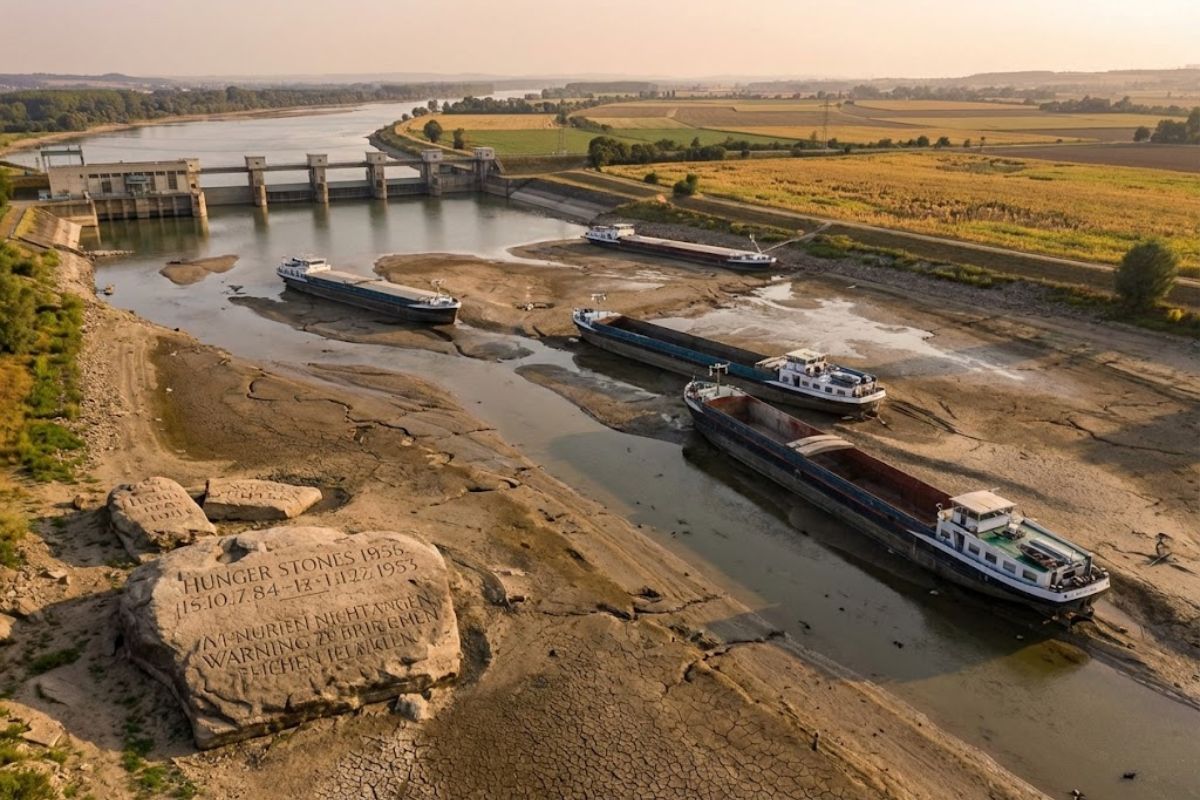Quando a Europa vê rios secarem, pedras da fome reaparecem, navios encalham e a energia fica em risco, revelando um continente pressionado por extremos climáticos sucessivos.