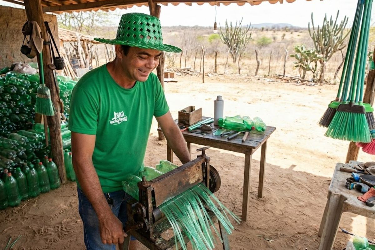 gari ecológico transforma garrafas PET em vassouras ecológicas, vende máquinas recicladoras e leva o empreendedorismo ambiental do sertão para o Brasil.
