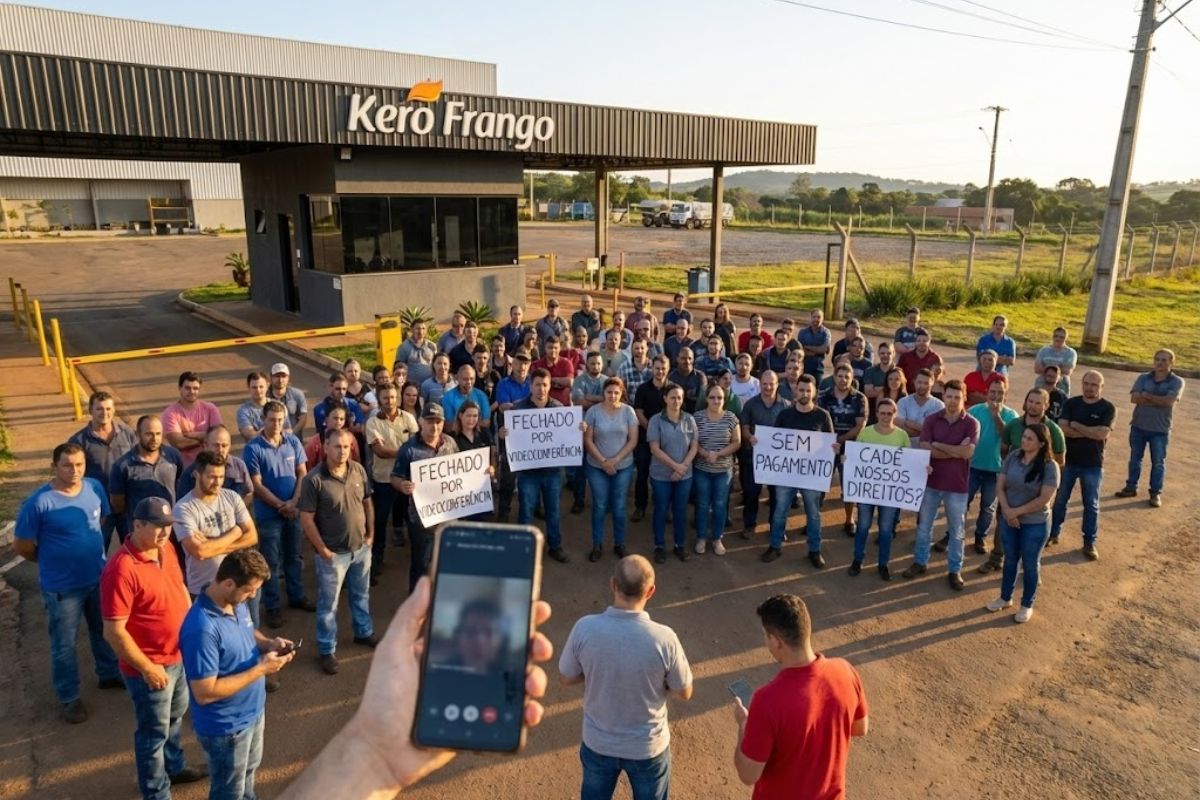 Fábrica de frango fecha por videoconferência em Goiás, deixa funcionários sem salário e sem direitos trabalhistas após demissão em massa inesperada.