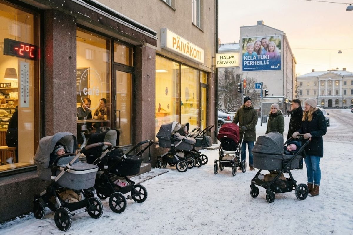 Na Finlândia, bebês dormindo sozinhos na rua revelam confiança social, creche acessível e apoio do governo que permite a pais cuidar de cada criança com mais tempo e estabilidade.