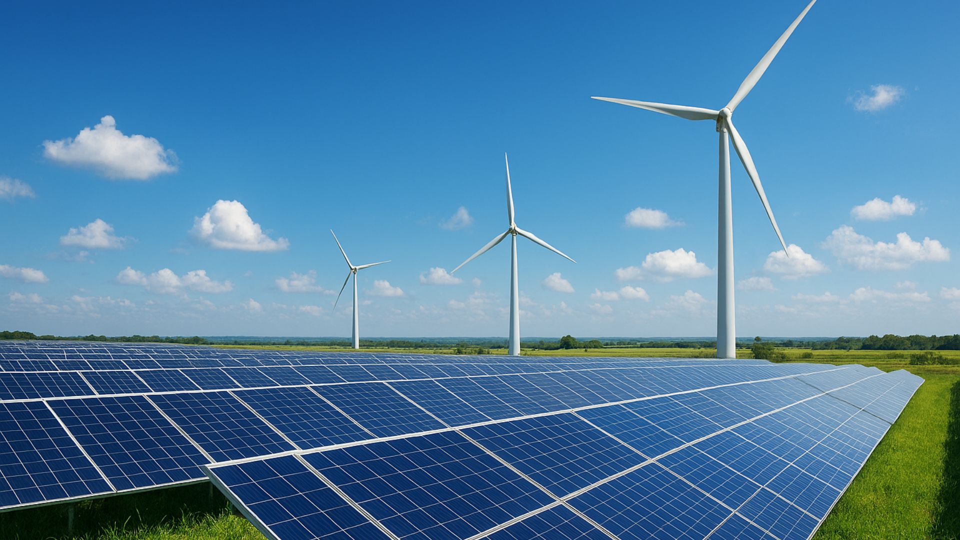 Paisagem com painéis solares e turbinas eólicas sob céu azul, representando energia renovável no Brasil.