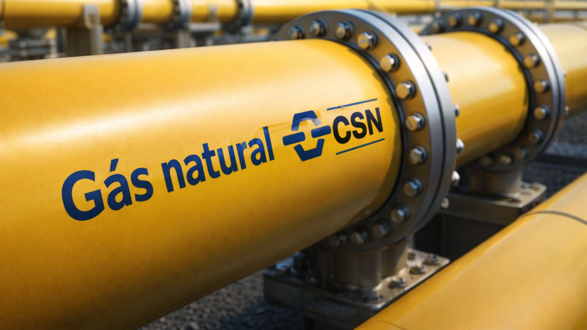 Tubulações de gás natural em instalação industrial, com identificação “Gás natural” e logotipo da CSN, representando infraestrutura energética e abastecimento industrial.