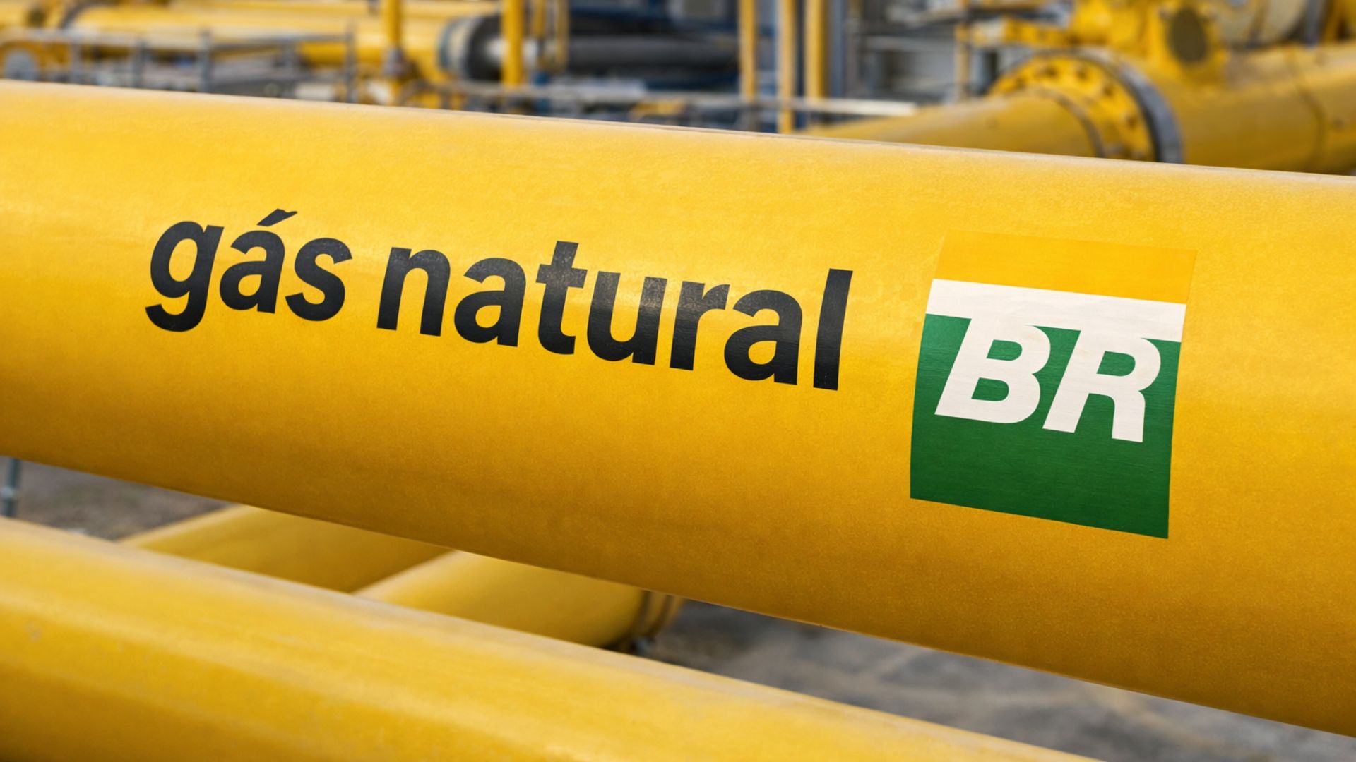 Tubulação de gás natural pintada de amarelo com a inscrição “gás natural” e o logotipo da Petrobras, representando infraestrutura de transporte e tratamento de gás no Brasil.