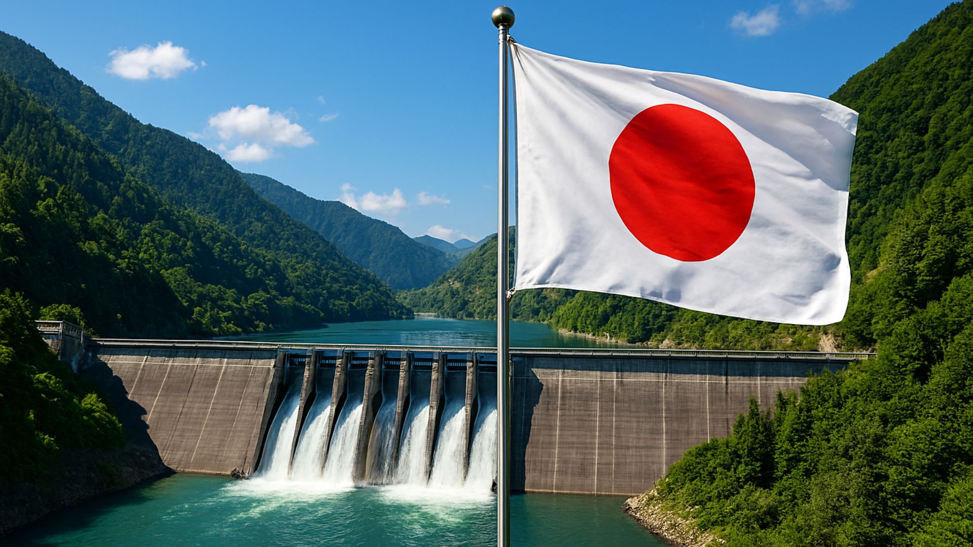 Vista de uma usina hidrelétrica moderna cercada por montanhas verdes, com a bandeira do Japão tremulando em um mastro sob céu azul claro.