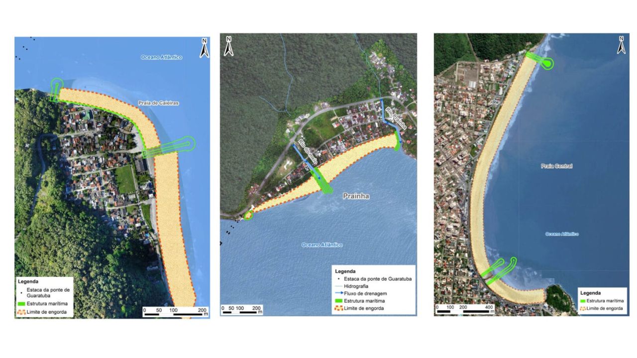 Guaratuba inicia ampliación de la orla con ensanchamiento de playa: mayor ensanchamiento de playa inspira estructuras contra erosión y drenaje.