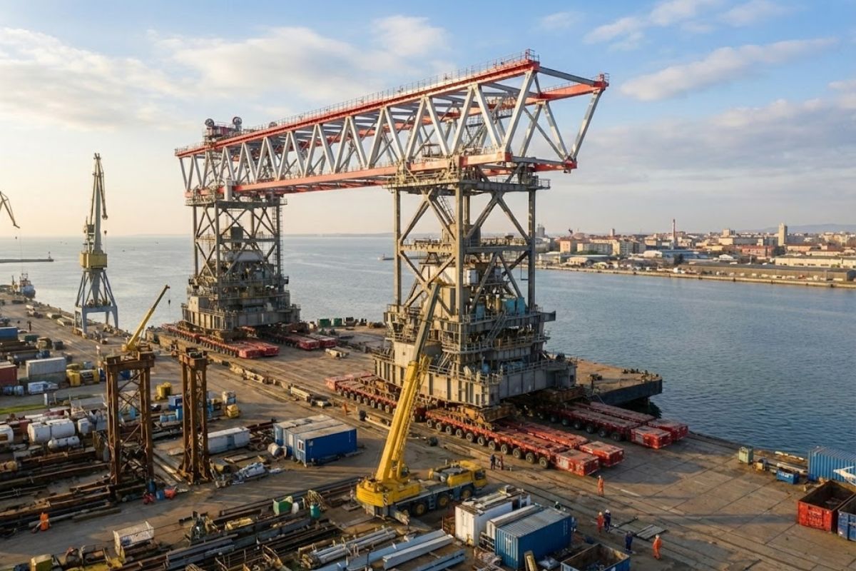 guindaste Golias da Cimolai Technology sai do Porto de Chioggia e chega ao estaleiro de Monfalcone para impulsionar a construção naval pesada europeia.