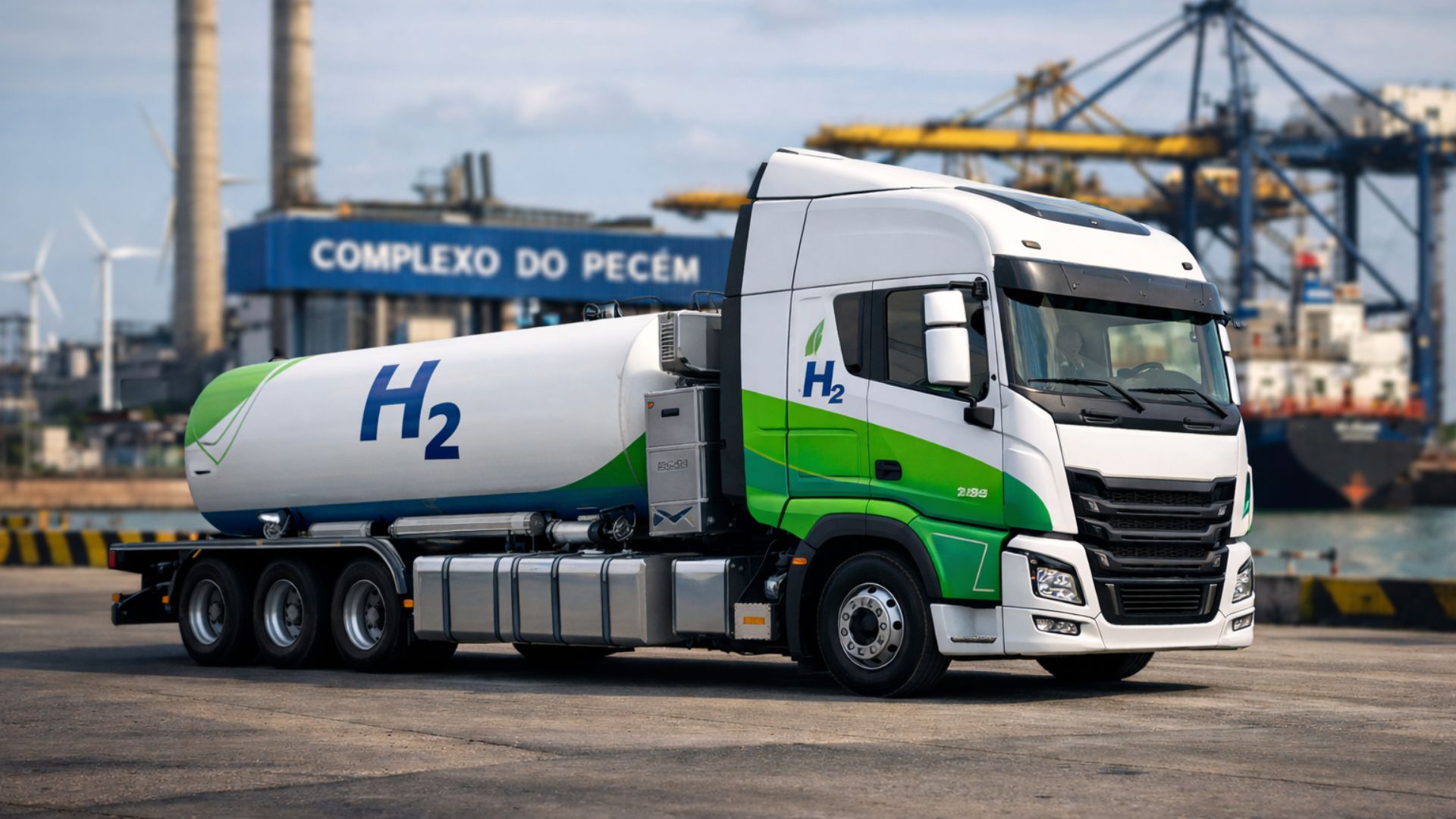 Caminhão movido a hidrogênio com tanque identificado como H2 operando no Complexo do Pecém, no Ceará, em cenário industrial e portuário